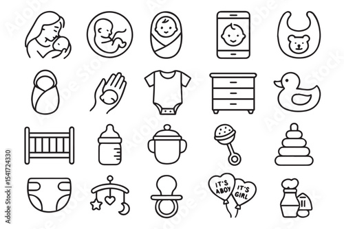 Icon set featuring essential baby care symbols like crib, bottle, pacifier, diapers, and more, perfect for infant care designs and parenting apps, Baby products icon set