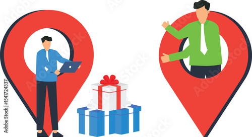 Location Based Gift Delivery, Businessman Holding Gift Box in Map Pin Icon, businessman standing, map pin,presenting a gift box, location-based services, gift delivery, online shopping, special offers