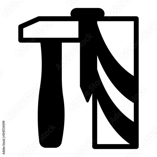 Wooden plank with nail and hammer solid icon, forest industry concept. Vector graphics. Wood work, carpentry sign on white background, style mobile or design.