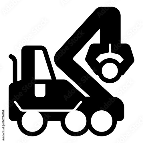 Timber crane with mechanical arm, forest industry concept. Vector graphics. Crane vehicle with one tree trunk, heavy transport sign on white background, style mobile or design.
