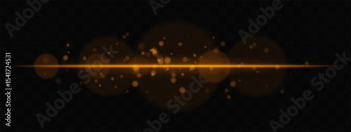 Golden horizontal glow with light particles and lens bokeh on transparent background. Atmospheric sci-fi effect perfect for transitions, digital UI, or dreamy glowing overlays.