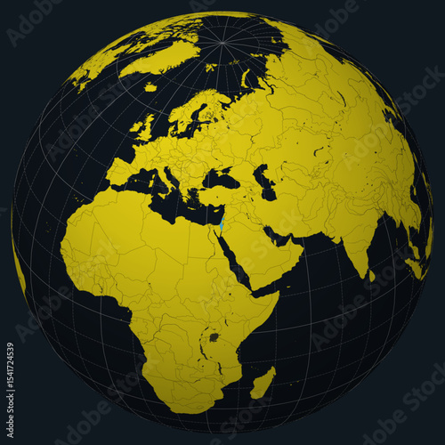State of Israel on Globe. Country view on the world map in Charcoal Bright Yellow color palette. Israel shape on map. Globe with meridians, parallels, countries, rivers and lakes.