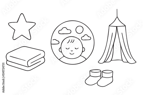 Peaceful nursery elements including star, blanket, baby in a dreamy setting, soft lighting, and tent, perfect for baby room designs, Nursery decor set