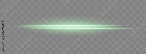 Dual green horizontal light beams with soft glow and motion blur on transparent background. Futuristic energy streak ideal for UI design, sci-fi overlays, or speed effects.