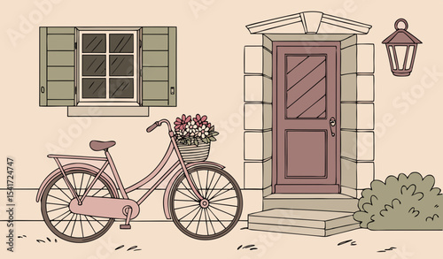 Pink bicycle with flowers in a basket in the back seat, standing at the door of an old pink building, flowers in a flower box and flower pot and a lantern. World Bicycle Day. Postcard, background.    