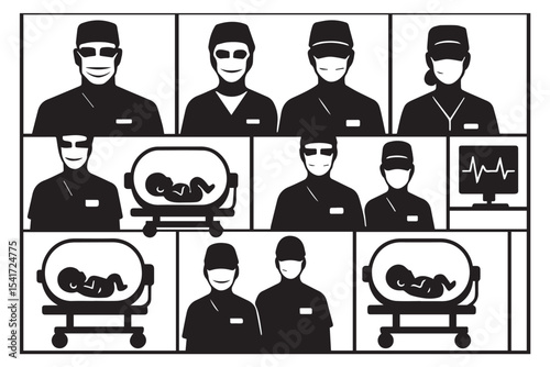 neonatal care icons showing doctors, baby incubators, heart rate monitors, and essential tools, perfect for medical care illustrations, Neonatal care icon set