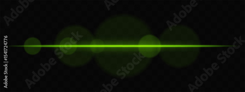 Green horizontal light beam with soft glare circles on transparent background. Clean cinematic lens flare for sci-fi, tech transitions, or bright glowing UI overlays.