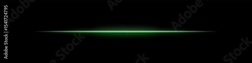 Green horizontal light beam. Bright laser stripe with soft glow and fading edges on dark background. Perfect for sci-fi, transitions, futuristic flares, or abstract light effects.