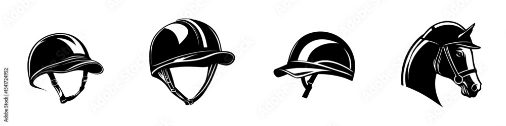 Fototapeta premium Black equestrian icons showcasing riding helmets and a horse head silhouette for equestrian sport themes