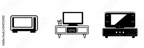 Collection of black icons representing modern electronic devices for home entertainment and utility