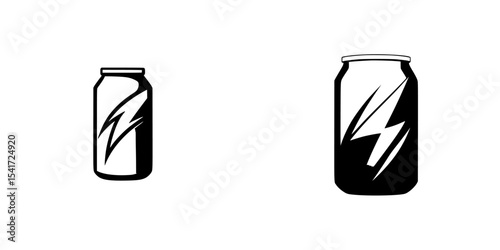 Set of black icons representing modern beverage cans with dynamic lightning bolt designs for branding