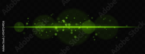 Green horizontal glow with light particles and lens bokeh on transparent background. Atmospheric sci-fi effect perfect for transitions, digital UI, or dreamy glowing overlays.