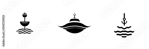Stylized black nautical icons showcasing boat, submarine, and anchor designs against a clean background