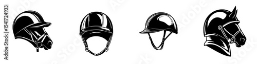 Various black riding helmets and a horse head silhouette displayed in an elegant arrangement for equestrian enthusiasts