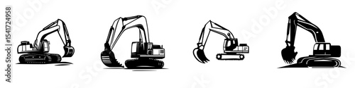 Set of black excavator icons illustrating different angles and designs for construction and heavy machinery applications
