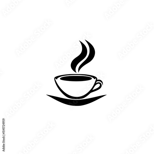 Stylized black icon of a steaming coffee cup on a saucer representing warmth and comfort in a minimalist design