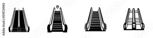 Set of black icons representing escalators in various styles and perspectives