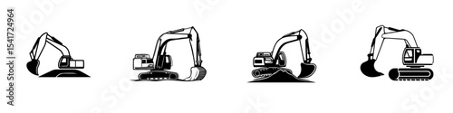 Various black icons of excavators performing earthmoving activities at a construction site