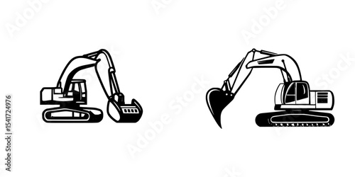 Set of black construction icons featuring excavators on a white background