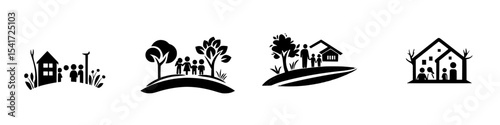 Black icon set illustrating community themes with houses, nature, and groups of people in various configurations