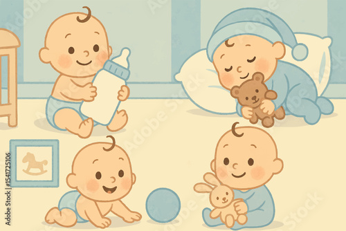 Cherubic nursery scene featuring playful babies in a cozy room, engaging with toys and bottles, evoking warmth and comfort, Baby products icon set
