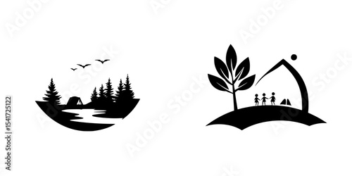 Black icon set featuring nature and family camping scenes designed for outdoor activities and adventure themes