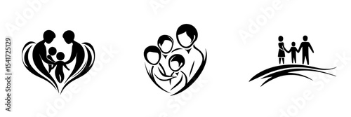 Icons depicting family concepts showcasing love, unity, and togetherness in a minimalist black design suitable for diverse applications