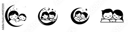 Collection of black icons depicting family love and togetherness with children under a crescent moon