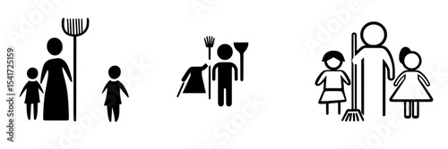 Icons representing family activities in a garden or community setting with tools for gardening and cleaning