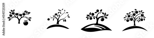 Black icon set featuring various stylized fruit trees on a hill illustrating nature and growth concepts