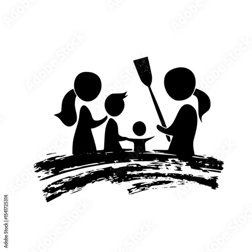 Family enjoying a day of canoeing together on a calm lake surrounded by nature in the early afternoon light