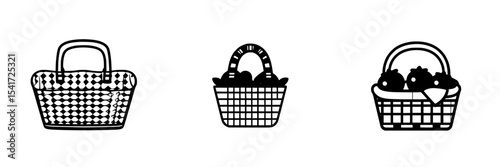Black icons of different woven baskets showcasing unique designs and shapes for various uses and settings