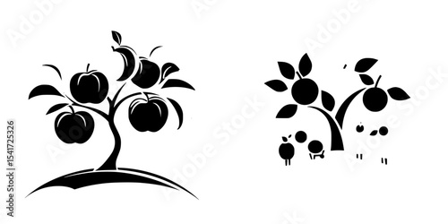 Black icon set featuring stylized trees with apples and farm animals on a simple landscape background