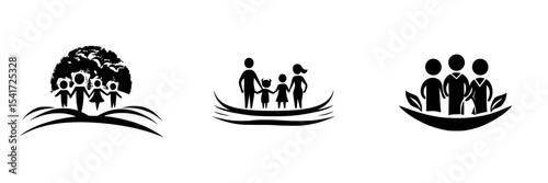 Black icon set representing family unity, community support, and environmental care in simple silhouettes