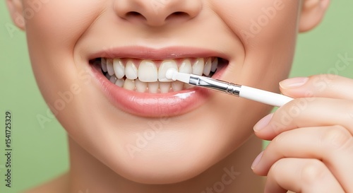 Happy woman applies tooth whitening gel with a brush for beautiful white smile. Dental care and beauty concept