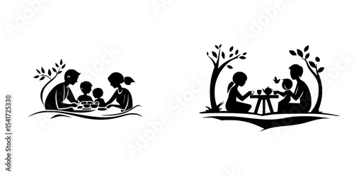 Family enjoying picnic together under trees in a serene outdoor setting with laughter and games