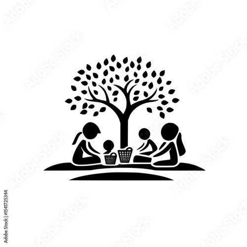 Families gather under a tree for an outdoor picnic in a park during a sunny day