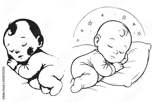 Serene peaceful newborn baby sleeping peacefully on soft blanket in a gentle slumber, calming baby illustrations for baby room decor, Baby products icon set