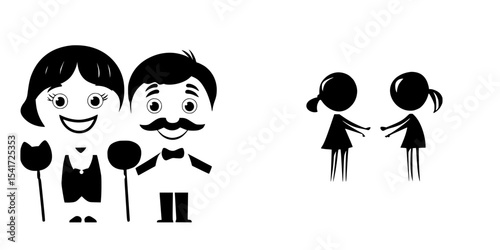 Black icon depicting a happy couple with a mustachioed man and smiling woman alongside two stick figures interacting