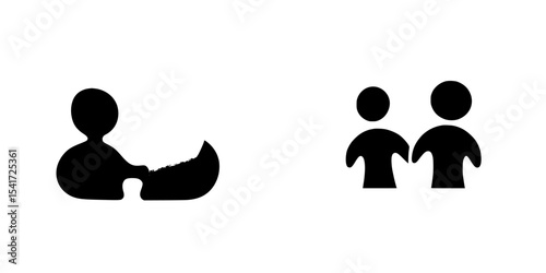 Black icons depicting a person with a broken shoe and two individuals holding hands in a minimalist style