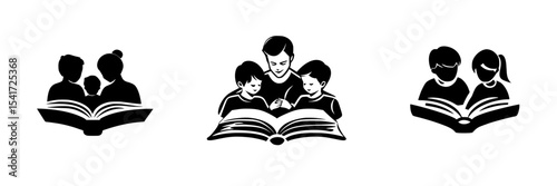 Black icon set depicting families and children engaged in reading activities together in a simple, modern design