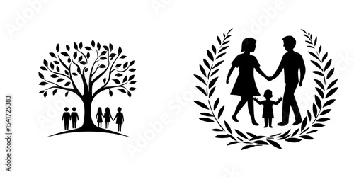 Family tree and unity icon featuring parents and child within a nature-inspired design