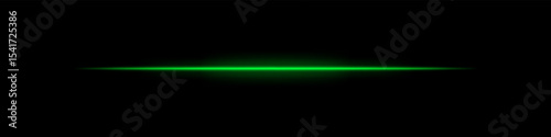 Green horizontal light beam. Bright laser stripe with soft glow and fading edges on dark background. Perfect for sci-fi, transitions, futuristic flares, or abstract light effects.