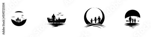 Silhouetted family activities by the water showcasing togetherness and adventure in a serene black icon set