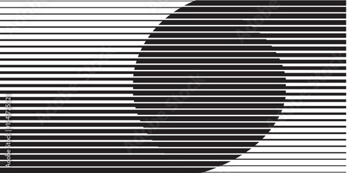 Horizontal lines create an intriguing visual pattern with a black shape contrasting against a background of white lines