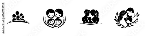 Set of simple black icons depicting family and relationships in various configurations and styles