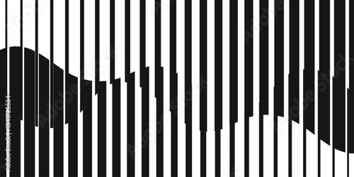 Abstract pattern of black shapes emerging from vertical white lines creating a striking visual effect in a minimalist style