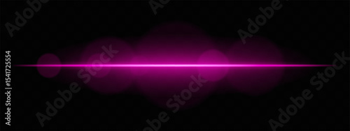 Bright magenta light beam with lens flare circles on dark background. Vivid horizontal glow ideal for futuristic UI, synthwave designs, or neon-inspired transitions.