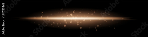 Golden horizontal light beam with glowing dust particles and radiant motion blur on black background. Perfect for fantasy transitions, luxury effects, or magical digital overlays.