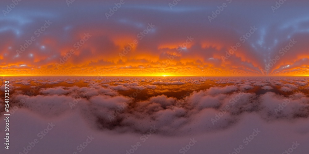Fototapeta premium Golden glowing red orange overcast sunset sky panorama - Equirectangular 360 degree landscape